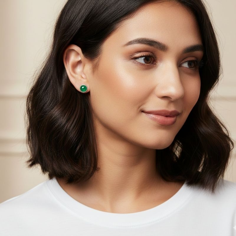 Serene Glow Studs | Green Jade Stone & Silver PVD Plated - For Women | Includes: Earrings