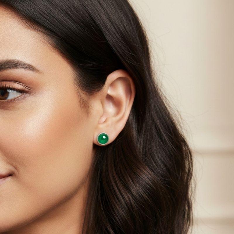 Serene Glow Studs | Green Jade Stone & Silver PVD Plated - For Women | Includes: Earrings