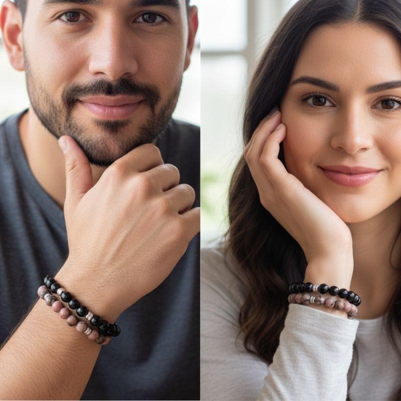 Shield Bracelet Set | Black Obsidian & Rhodonite - For Unisex | Includes: Bracelets (Set of 2)