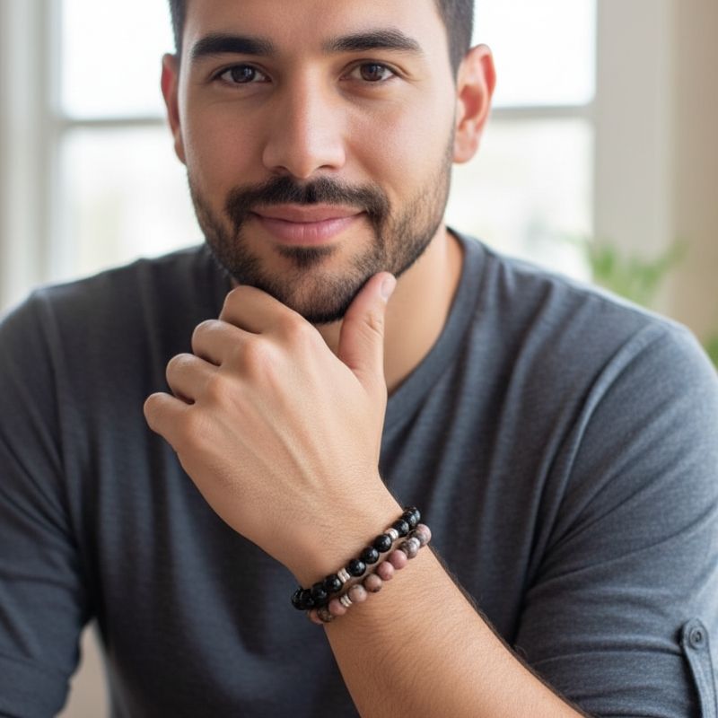 Shield Bracelet Set | Black Obsidian & Rhodonite - For Unisex | Includes: Bracelets (Set of 2)