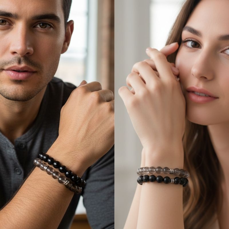 Strength Bracelet Set | Smokey & Black Obsidian - For Unisex | Includes: Bracelets (Set of 2)