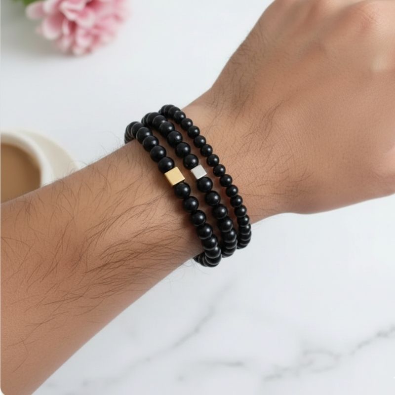 Strength Layered Bracelets | Black Obsidian - For Men | Includes: Bracelets (Set of 3)
