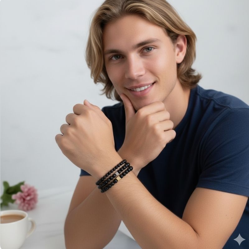 Strength Layered Bracelets | Black Obsidian - For Men | Includes: Bracelets (Set of 3)