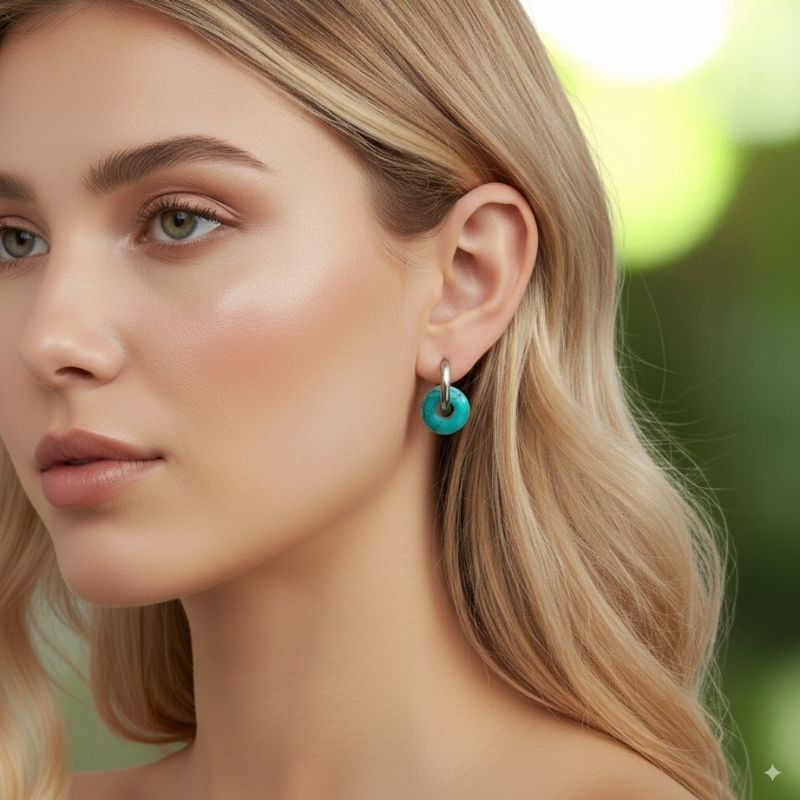 Turquoise Breeze Hoop Earrings | Turquoise Stone & Silver PVD Plated - For Women | Includes: Earrings