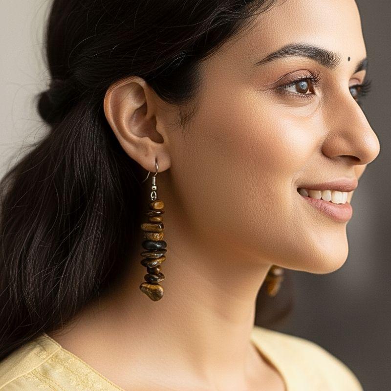 Wild Shine Earrings | Silver PVD Plated & Tiger Eye Chip - For Women | Includes: Earrings
