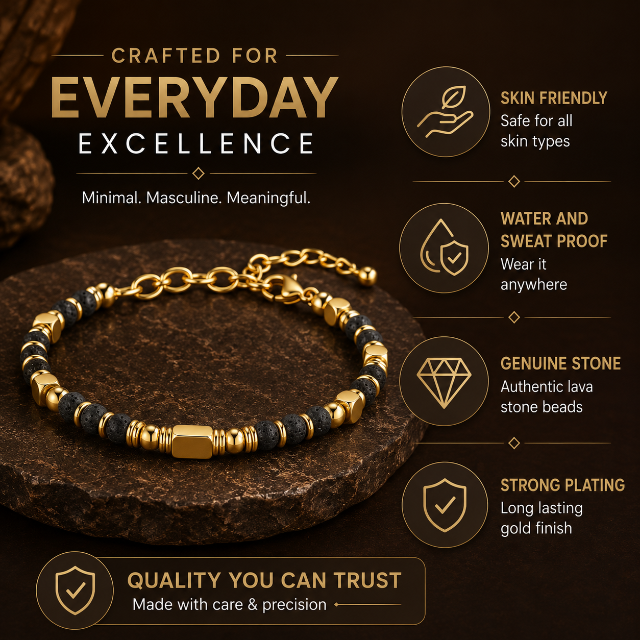 Ultra Rich Real Lava Stone Flexi Bracelet | 18K PVD Gold Plated- For Men | Includes: Bracelet