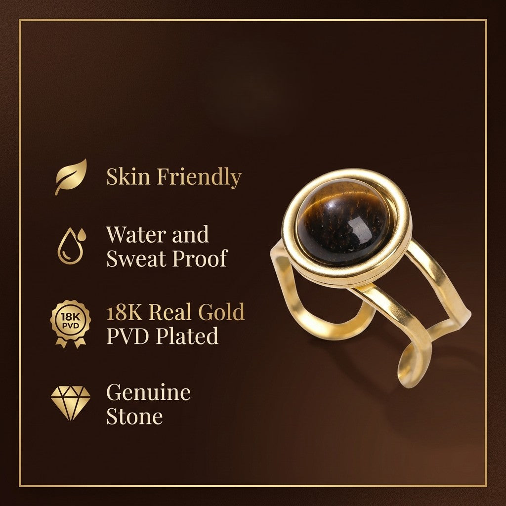 Tiger Eye Real Stone Flexi Size Golden Ring | 18K Real Gold PVD Plated– For Men | Includes: Ring