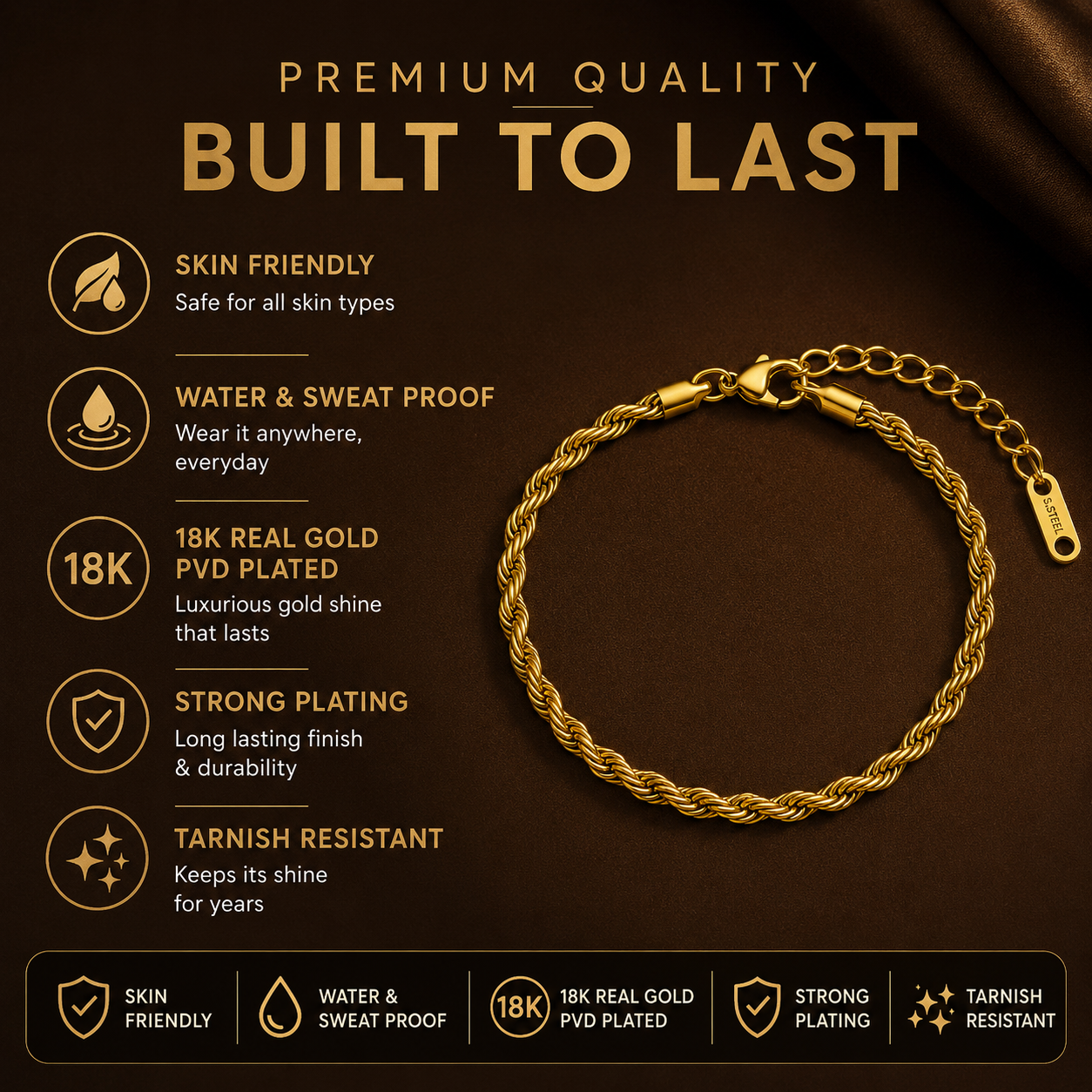 Golden Rope Flexi Size Steel THIN Bracelet (4MM) | 18K PVD Gold Plated- For Men | Includes: Bracelet