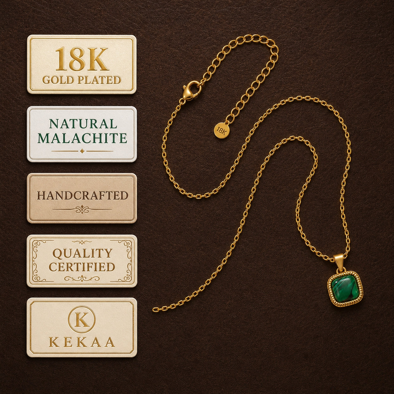 Malachite Center Piece Men's Dainty Necklace | 18K PVD Gold Plated - For Men| Includes: Necklace
