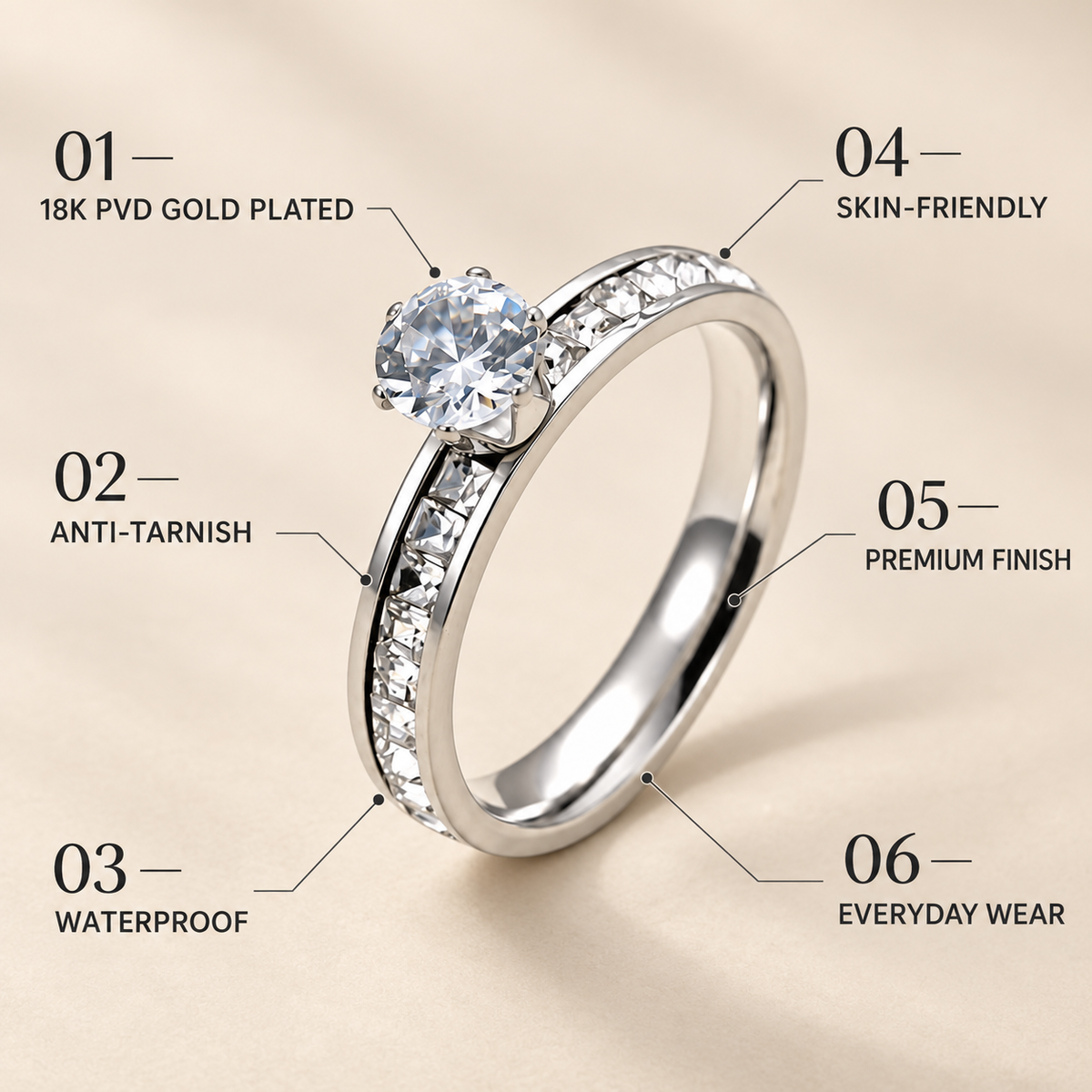 Classic Silverish Solitaire multi-Zircon Ring | PVD Plated Steel- For Women | Includes: Ring
