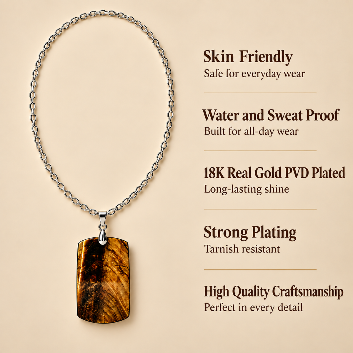 Courage Tiger Eye REAL Stone BOLD Necklace | Stainless Steel - For Women | Includes: Necklace
