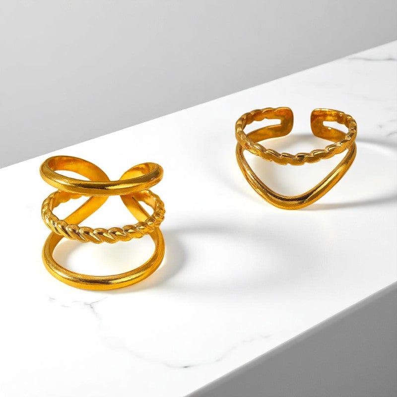 Trendy Multilayered Rings | 18K PVD Gold Plated - For Women | Includes: Rings (Set of 2)