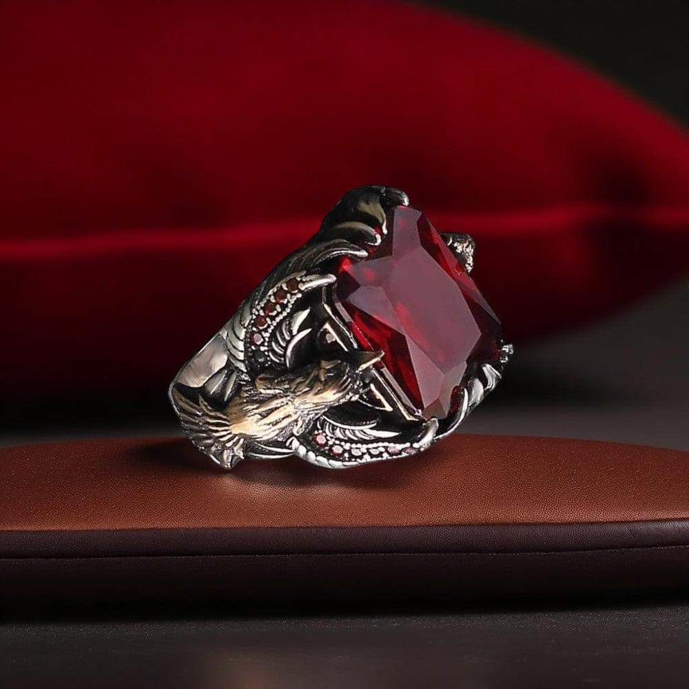 Eagle Passion Vintage Ring | Red Zircon - For Men | Includes: Ring