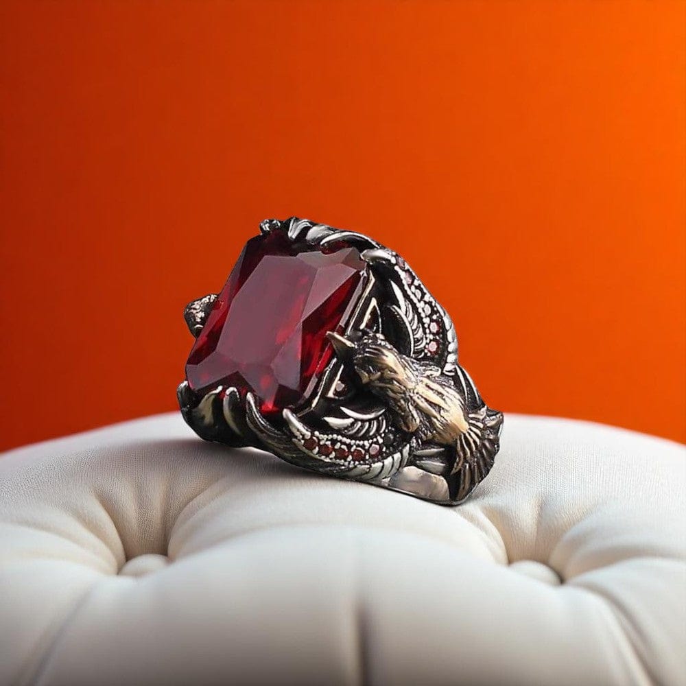 Eagle Passion Vintage Ring | Red Zircon - For Men | Includes: Ring