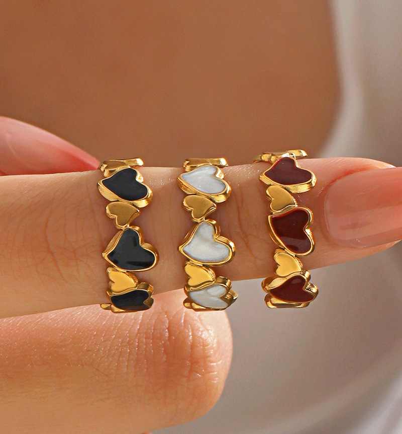 Heart Motif Ring set | PVD 18K Gold Plated, Stainless Steel, Water Proof - For Women | Includes: Rings (Set of 3)
