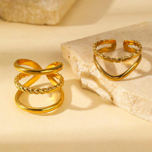 Trendy Multilayered Rings | 18K PVD Gold Plated - For Women | Includes: Rings (Set of 2)