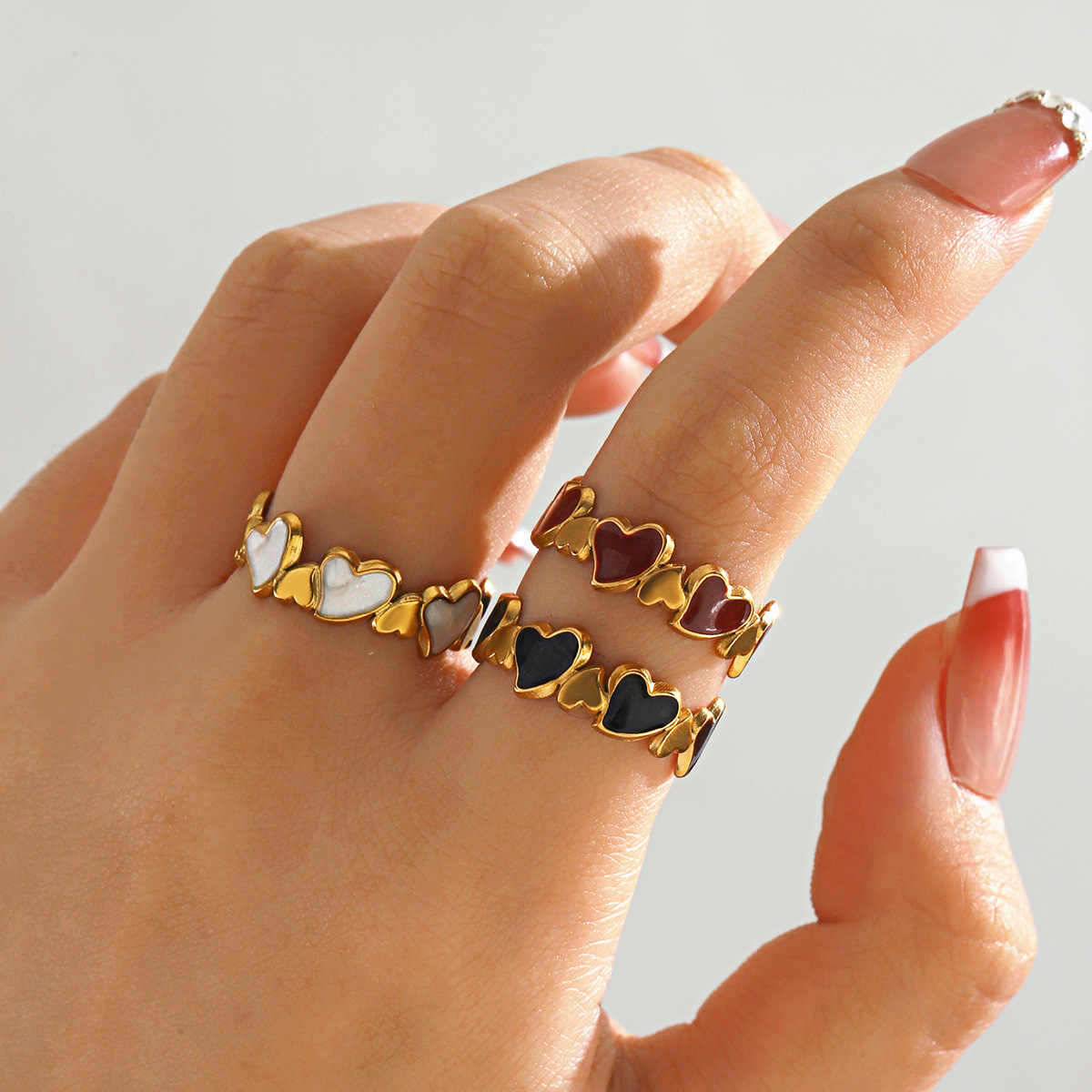 Heart Motif Ring set | PVD 18K Gold Plated, Stainless Steel, Water Proof - For Women | Includes: Rings (Set of 3)
