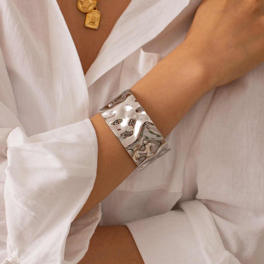 Hammered Cuff Bracelet | Silver PVD Plated - For Women | Includes: Bracelet