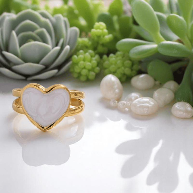Pearly Heart Ring | PVD 18K Gold Plated, Stainless Steel, Water Proof - For Women | Includes: Ring