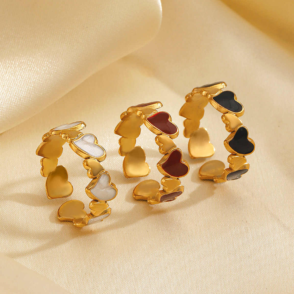 Heart Motif Ring set | PVD 18K Gold Plated, Stainless Steel, Water Proof - For Women | Includes: Rings (Set of 3)