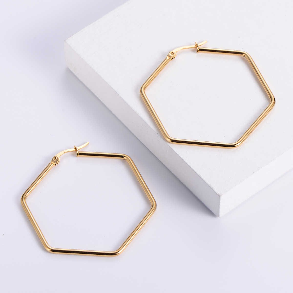 Contemporary Hex Earrings | PVD 18K Gold Plated, Stainless Steel, Water Proof - For Women | Includes: Earrings