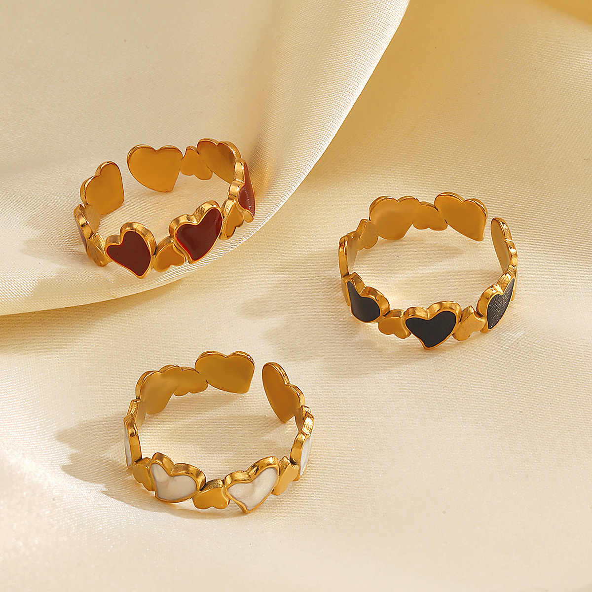 Heart Motif Ring set | PVD 18K Gold Plated, Stainless Steel, Water Proof - For Women | Includes: Rings (Set of 3)