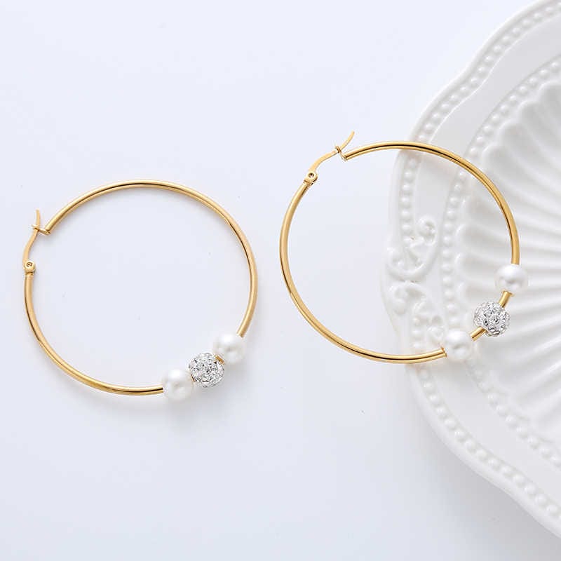 Elegant Pearl Hoop Earrings | PVD 18K Gold Plated, Stainless Steel, Water Proof, Pearl & Zircon - For Women | Includes: Earrings