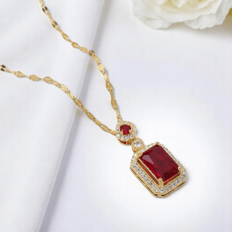 Ruby Baguette Set | PVD 18K Gold Plated, Waterproof & Anti-tarnish - For Women | Includes: Necklace, Earrings, Ring