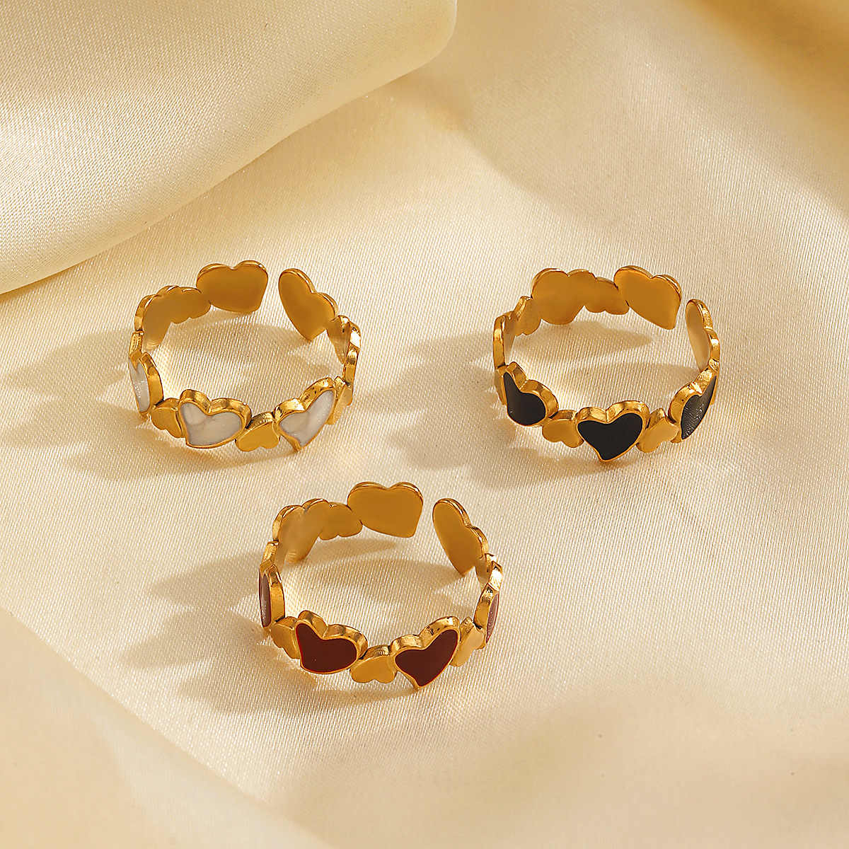 Heart Motif Ring set | PVD 18K Gold Plated, Stainless Steel, Water Proof - For Women | Includes: Rings (Set of 3)