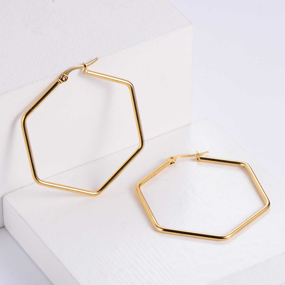 Contemporary Hex Earrings | PVD 18K Gold Plated, Stainless Steel, Water Proof - For Women | Includes: Earrings