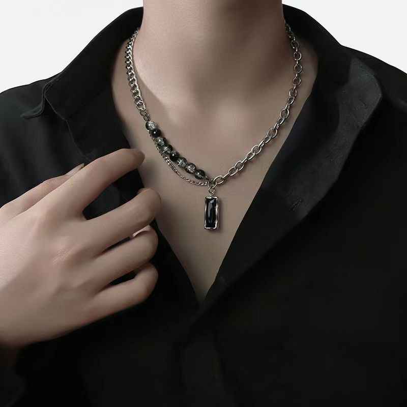 Obsidian Rectangular Pendant Necklace | Stainless Steel- For Men | Includes: Necklace