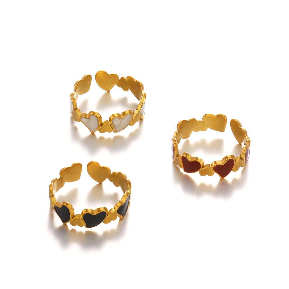 Heart Motif Ring set | PVD 18K Gold Plated, Stainless Steel, Water Proof - For Women | Includes: Rings (Set of 3)