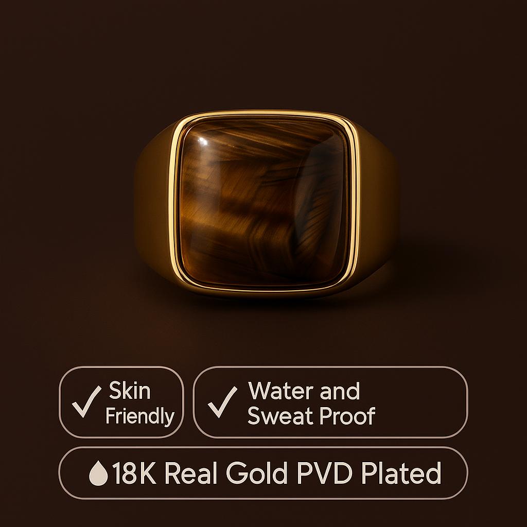 Natural BOLD Tiger Eye Stone Golden Titanium Steel Ring | 18K Real Gold PVD Plated– For Men | Includes: Ring