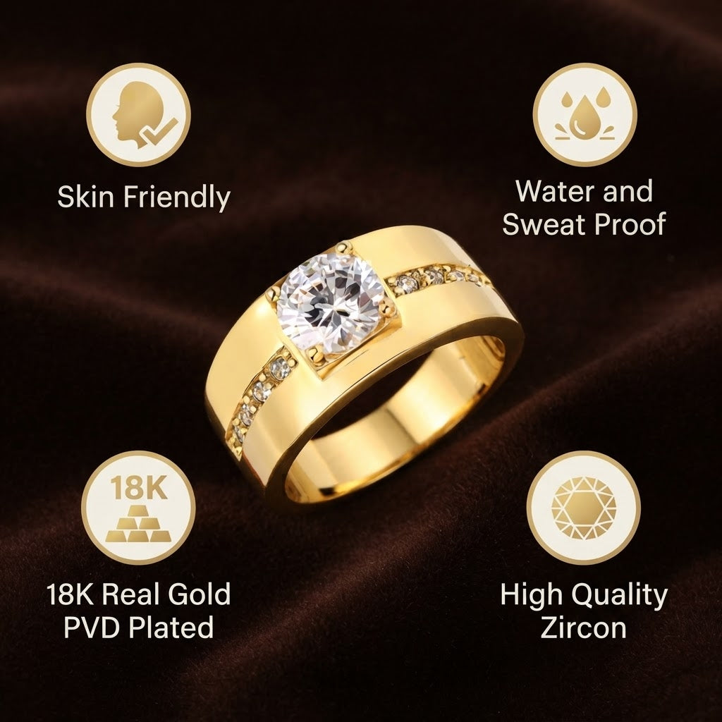 Classic Band Solitire Clear Zircon Ring | 18K Real Gold PVD Plated– For Men | Includes: Ring