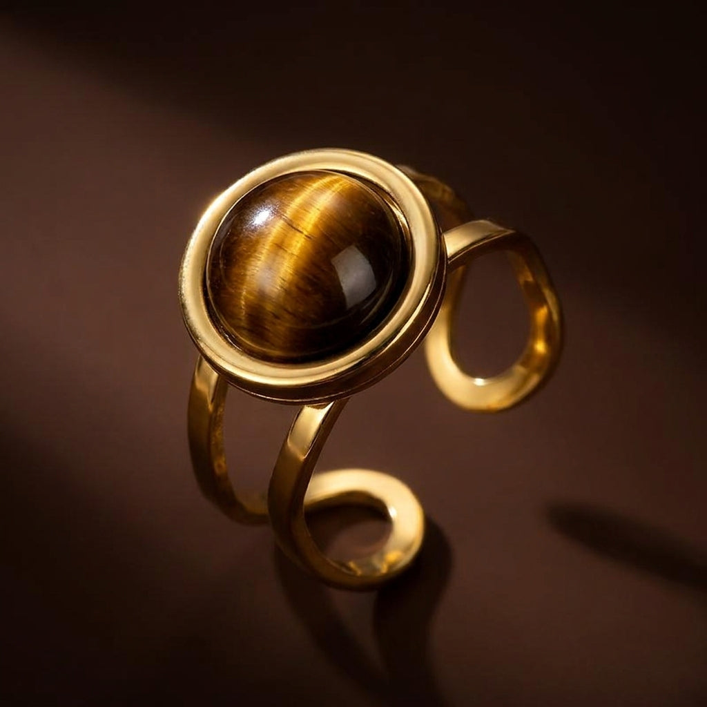 Tiger Eye Real Stone Flexi Size Golden Ring | 18K Real Gold PVD Plated– For Men | Includes: Ring
