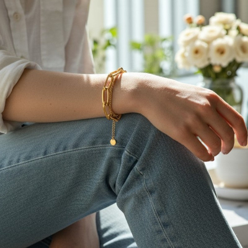 Dual Layer Rolo Chain Bracelet | 18K PVD Gold Plated - For Women | Includes: Bracelet