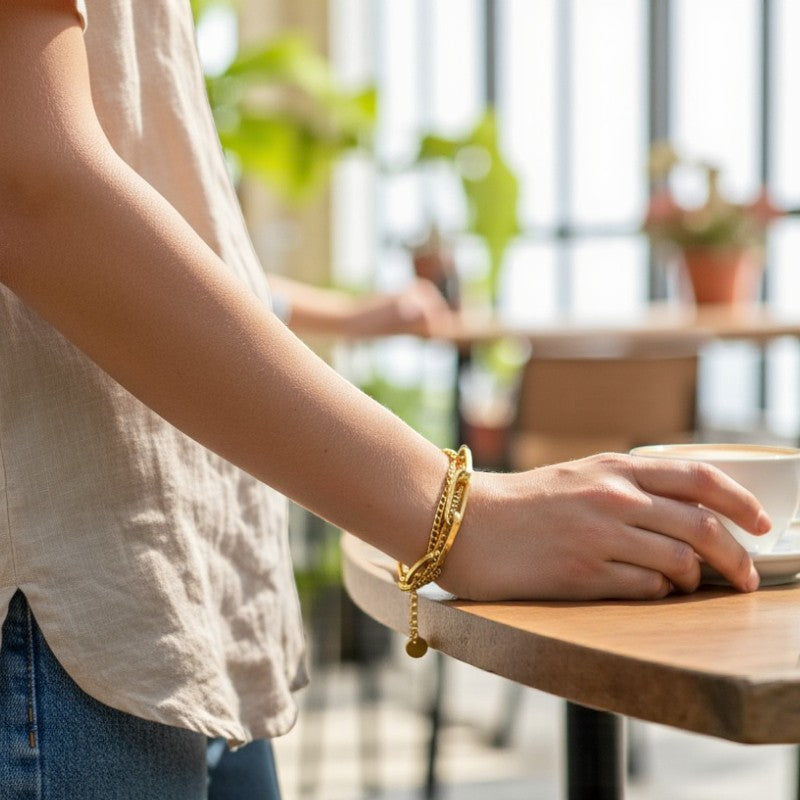 Dual Layer Rolo Chain Bracelet | 18K PVD Gold Plated - For Women | Includes: Bracelet