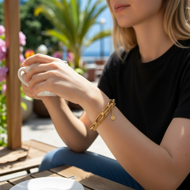 Dual Layer Rolo Chain Bracelet | 18K PVD Gold Plated - For Women | Includes: Bracelet