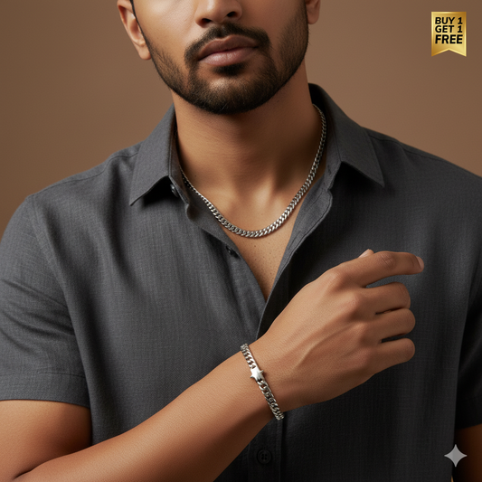 Twinned Necklace Bracelet Duo SET for MEN | REAL Steel - For Men | Includes: Necklace, Bracelet