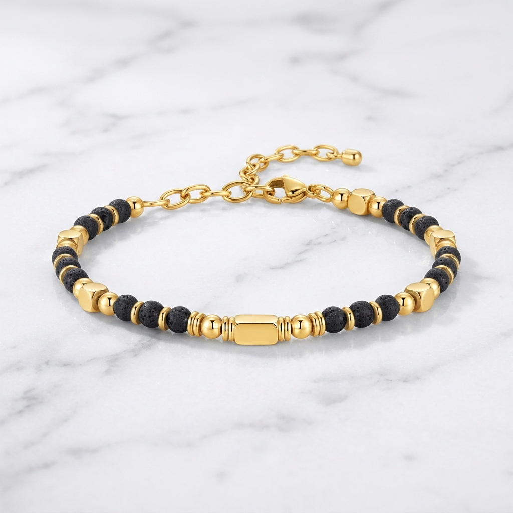 Ultra Rich Real Lava Stone Flexi Bracelet | 18K PVD Gold Plated- For Men | Includes: Bracelet