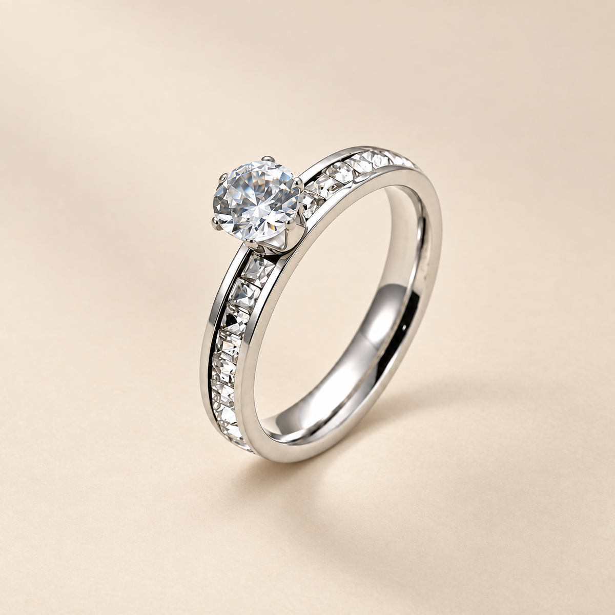 Classic Silverish 2-Layer Solitaire Zircon Ring | PVD Plated Steel- For Women | Includes: Ring