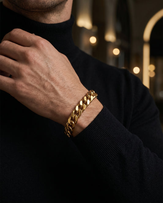REAL GOLD Finish Bold Link 10MM Flexi Bracelet | 18K PVD Gold Plated - For Men | Includes: Bracelet