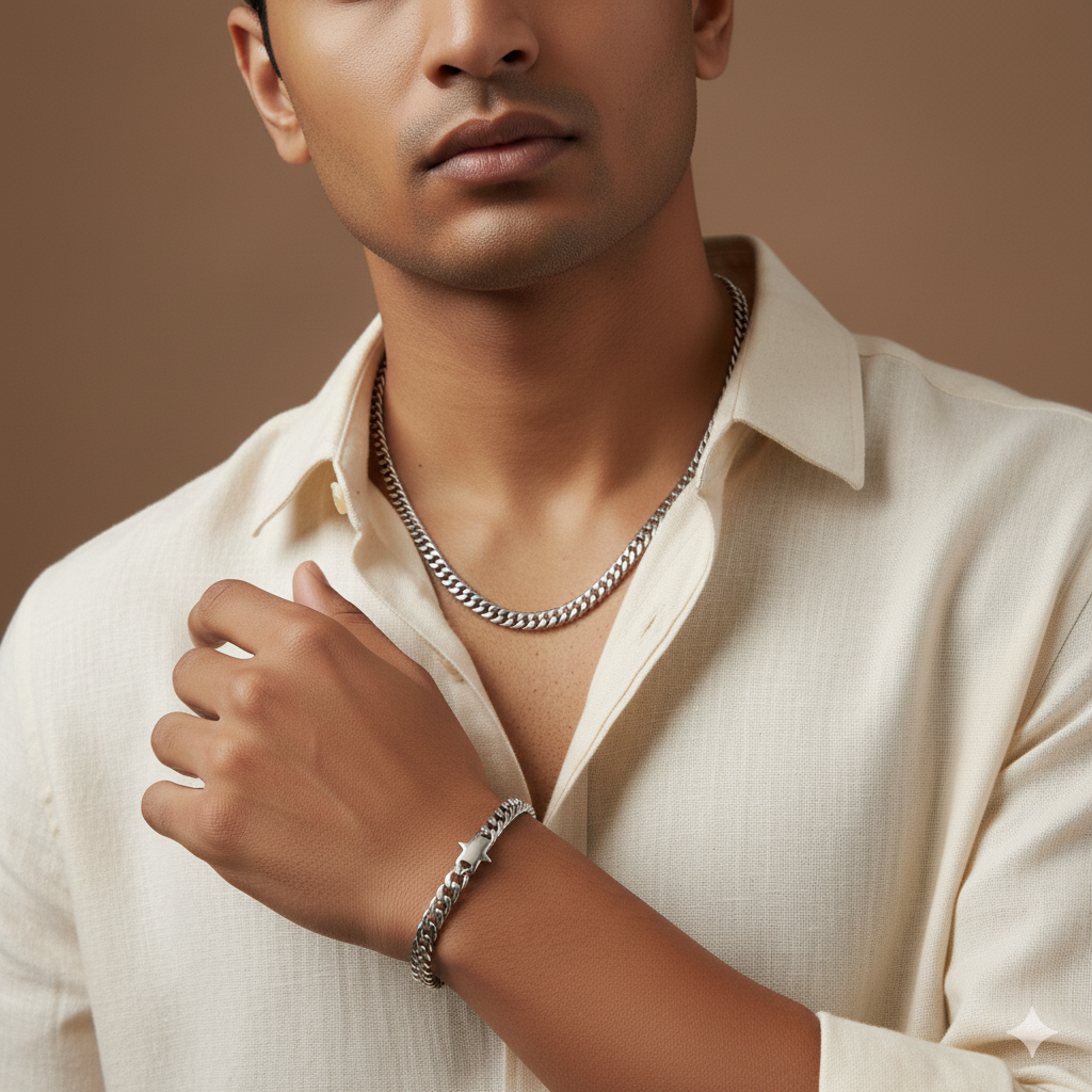 Twinned Necklace Bracelet Duo SET for MEN | REAL Steel - For Men | Includes: Necklace, Bracelet