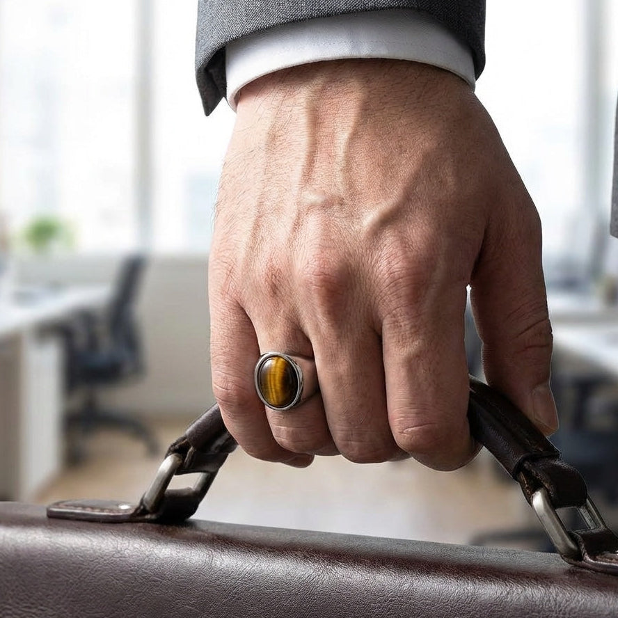 Natural BOLD Tiger Eye Stone Golden Titanium Steel Ring | PVD Plated– For Men | Includes: Ring