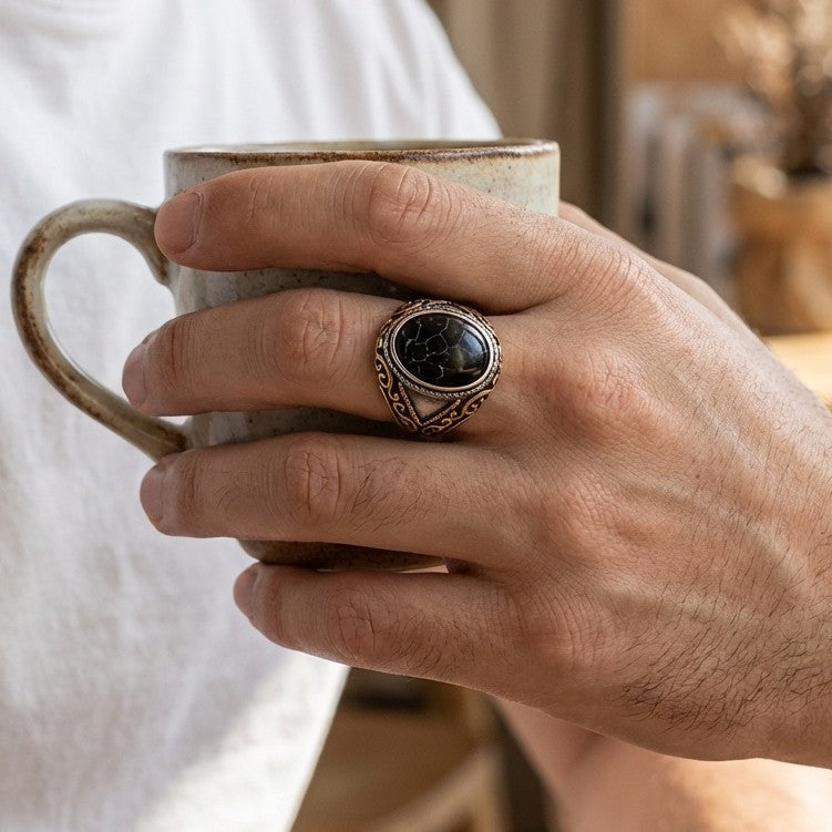 Black Turquoise Stone Arabic Ring | Titanium Steel– For Men | Includes: Ring