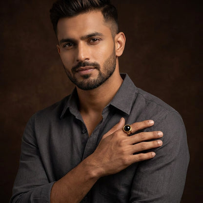 Black Onyx Stone Flexi Size Golden Ring | 18K Real Gold PVD Plated– For Men | Includes: Ring