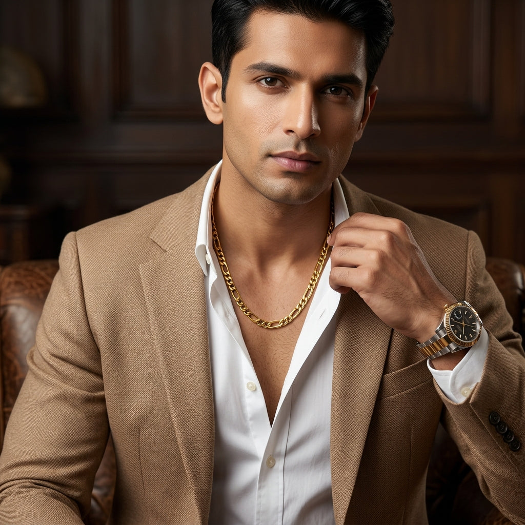 Golden Figaro Regular Steel Chain (6mm) | 18K PVD Gold Plated- For Men| Includes: Necklace