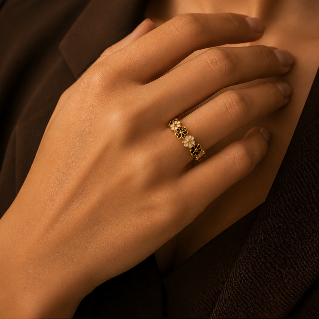 Black-White Flower Flexi Size Ring | 18K PVD Gold Plated- For Women | Includes: Ring