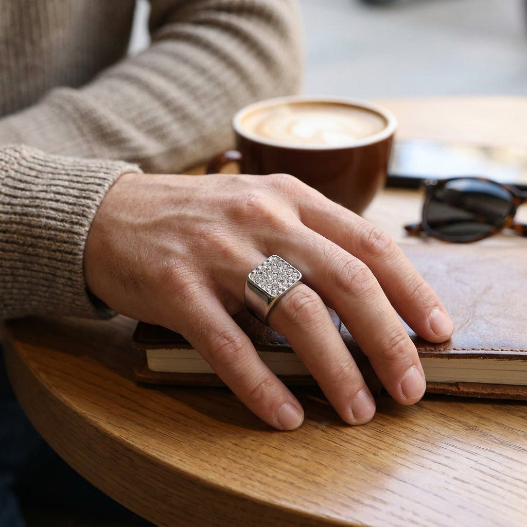 Titanium Multi Zircon Square Inlay Steel Ring | PVD Plated– For Men | Includes: Ring