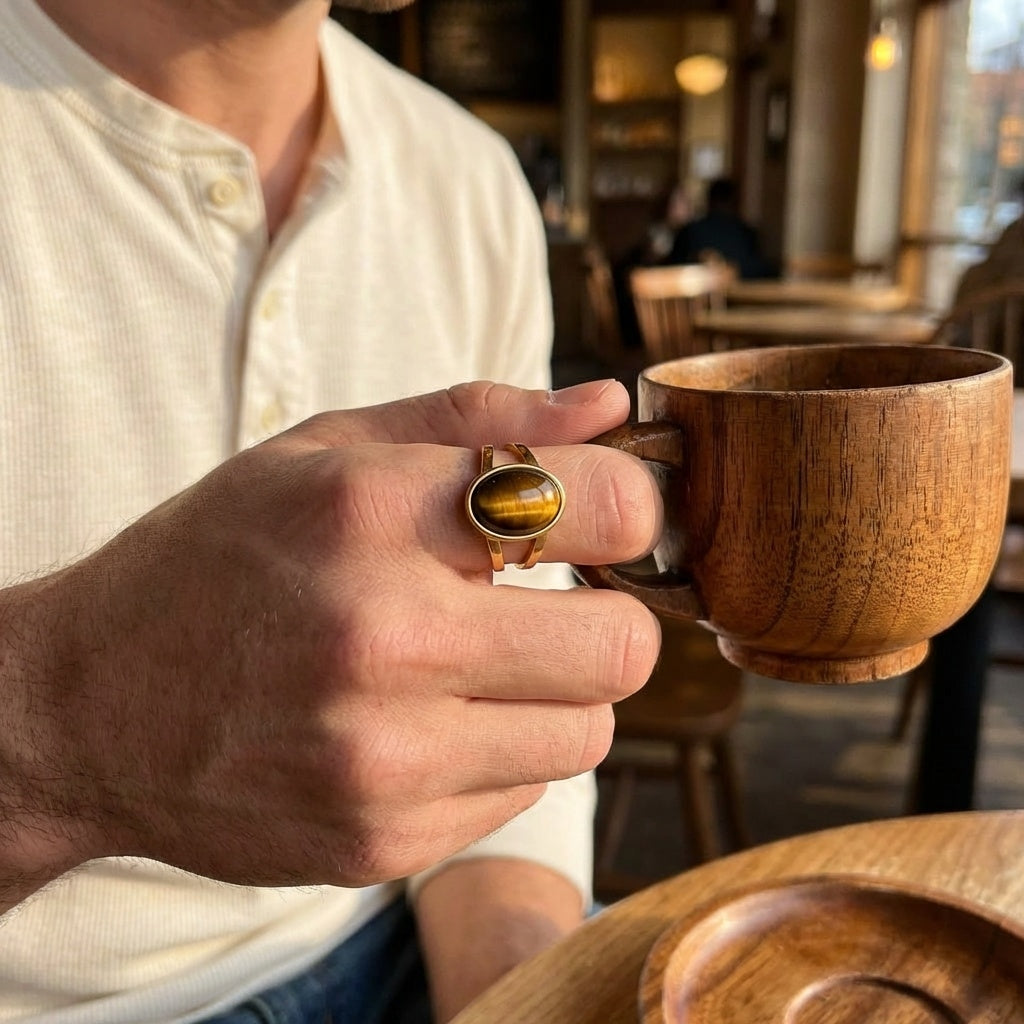 Cat's Eye Stone Golden Dual Band Oval Ring | 18K Real Gold PVD Plated– For Men | Includes: Ring